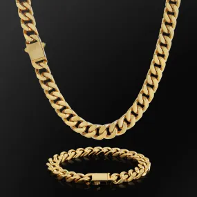 【NEW】12mm Miami Cuban Link Curb Chain and Bracelets Set with Hook Buckle Clasp in 18K Gold