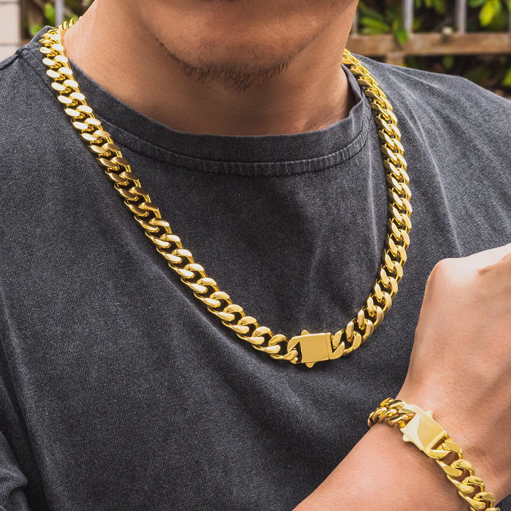 【NEW】12mm Miami Cuban Link Curb Chain and Bracelets Set with Hook Buckle Clasp in 18K Gold