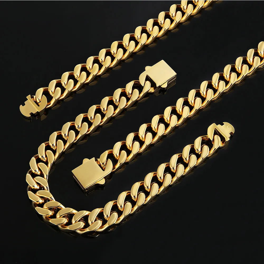 【NEW】12mm Miami Cuban Link Curb Chain and Bracelets Set with Hook Buckle Clasp in 18K Gold