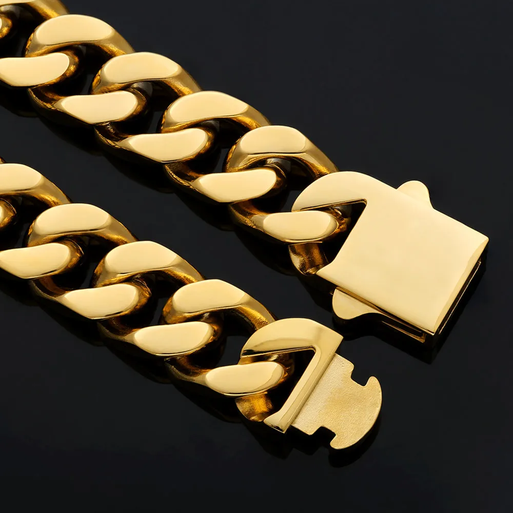 【NEW】12mm Miami Cuban Link Curb Chain and Bracelets Set with Hook Buckle Clasp in 18K Gold