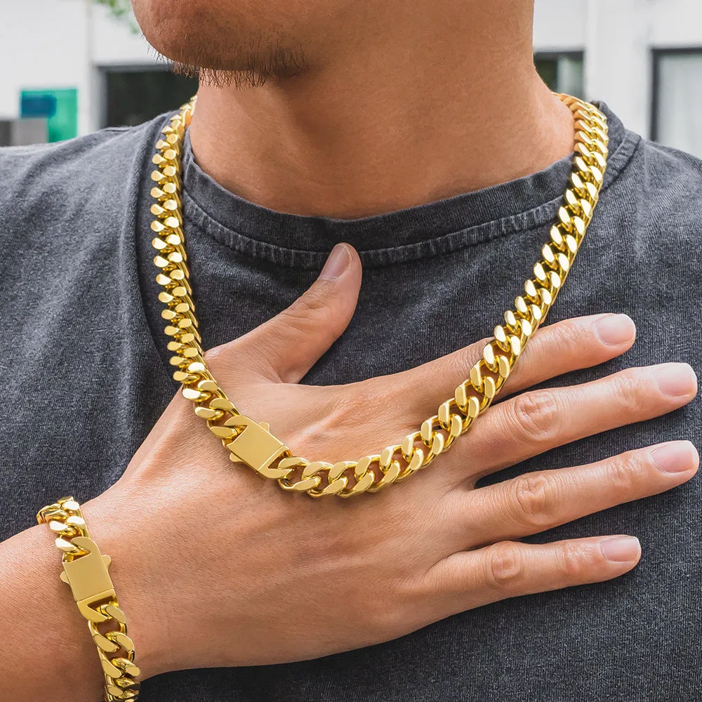 【NEW】12mm Miami Cuban Link Curb Chain and Bracelets Set with Hook Buckle Clasp in 18K Gold