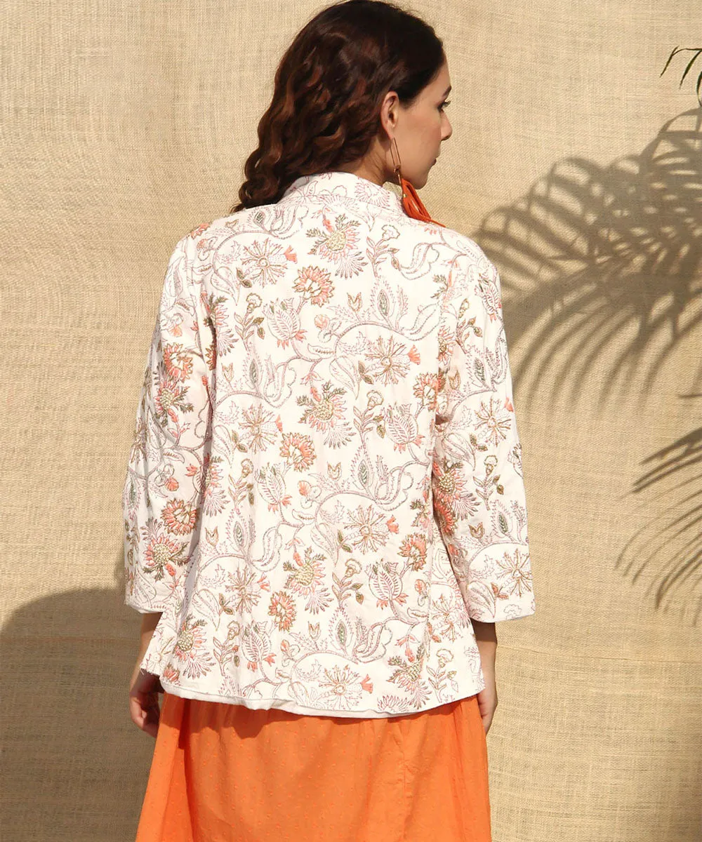 Orange offwhite hand embroidery cotton dress and jacket set