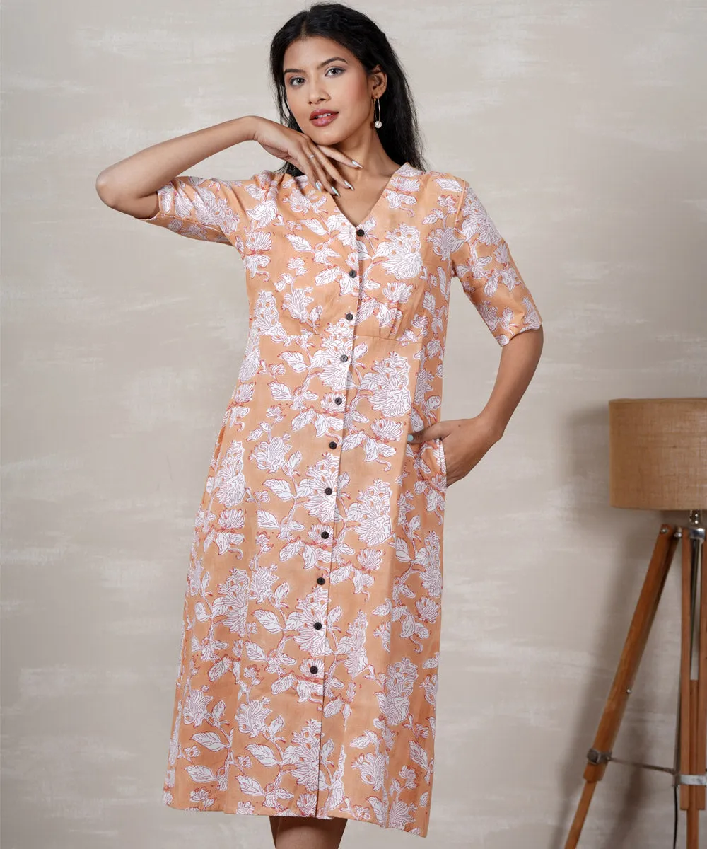 Orange white handblock printed cotton dress