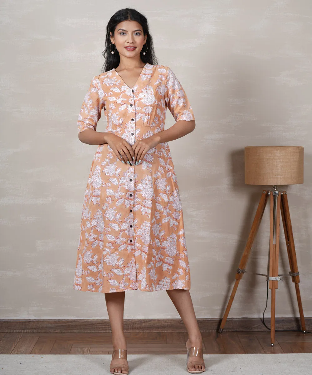 Orange white handblock printed cotton dress