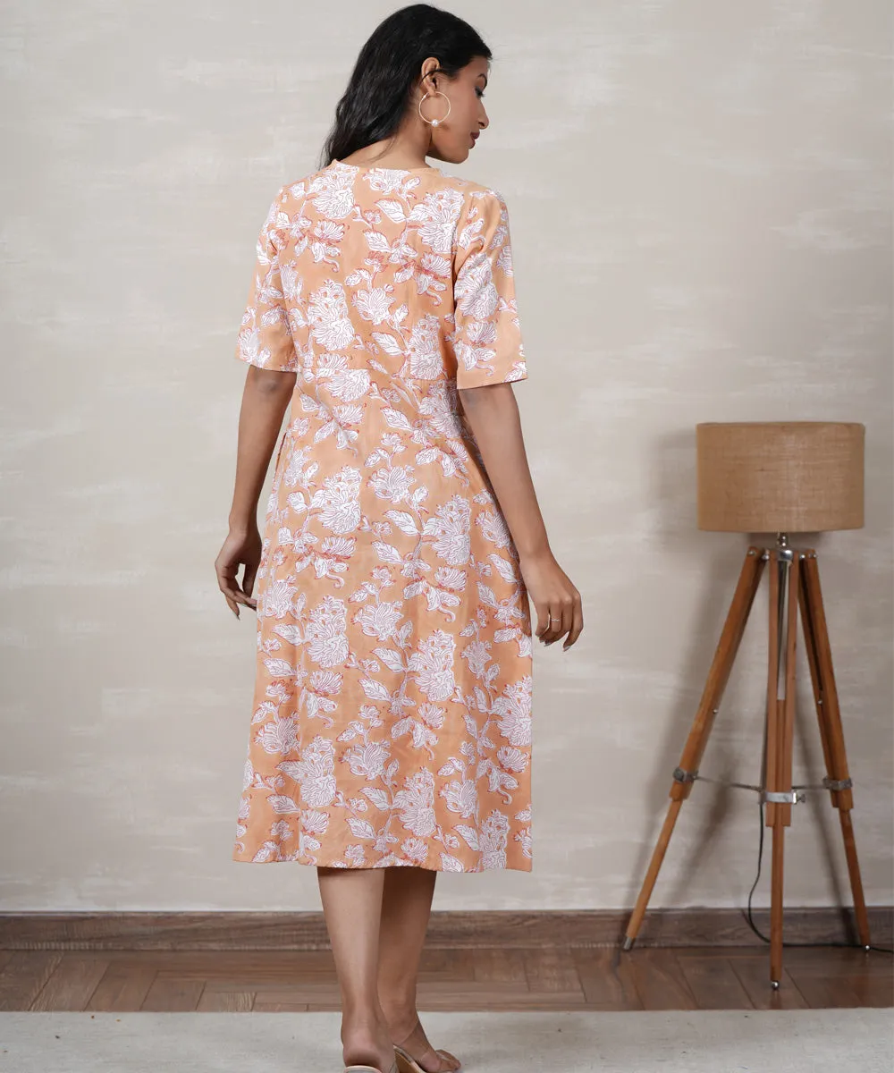 Orange white handblock printed cotton dress