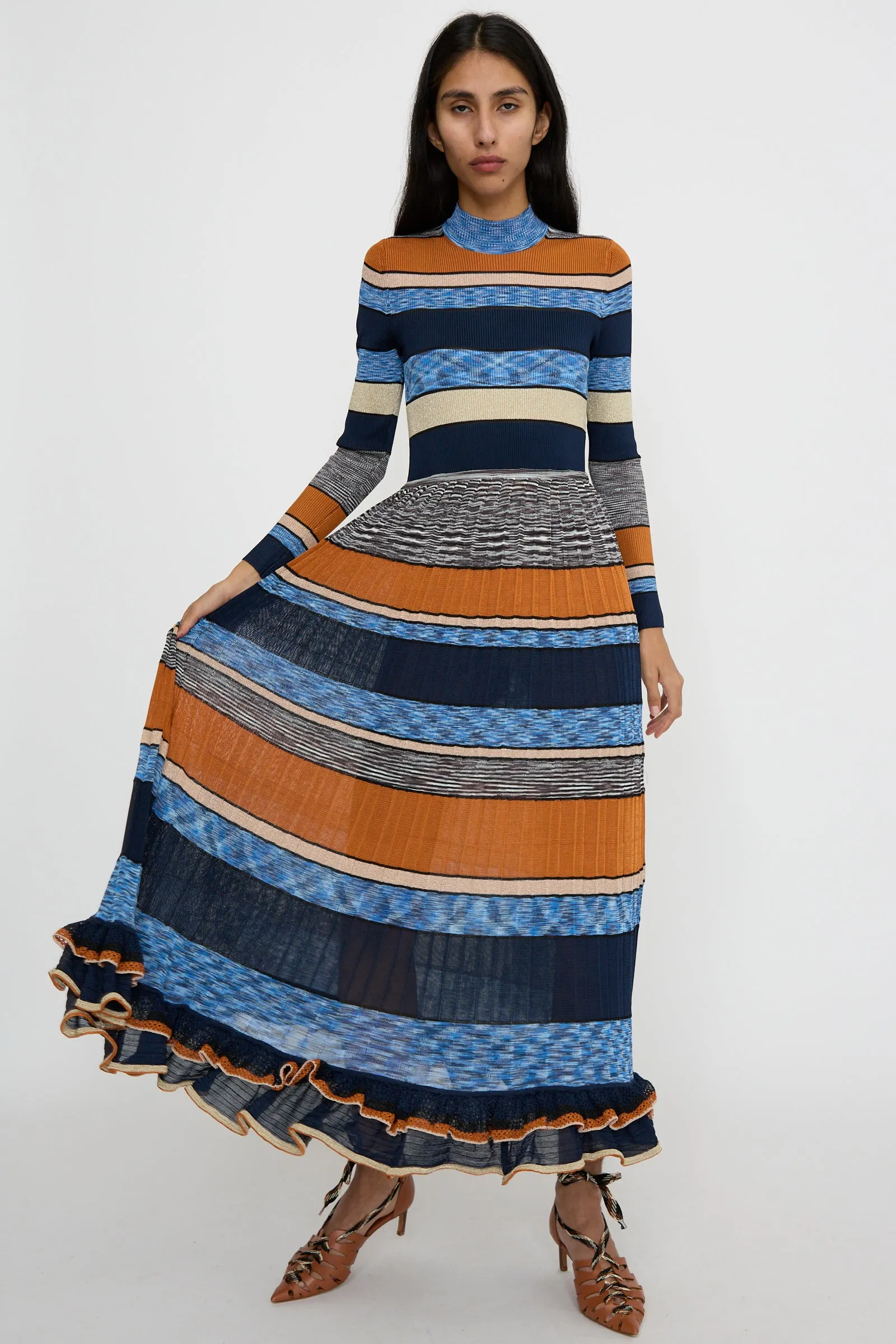 Pleated Striped Knit Evangeline Dress in Adriatic