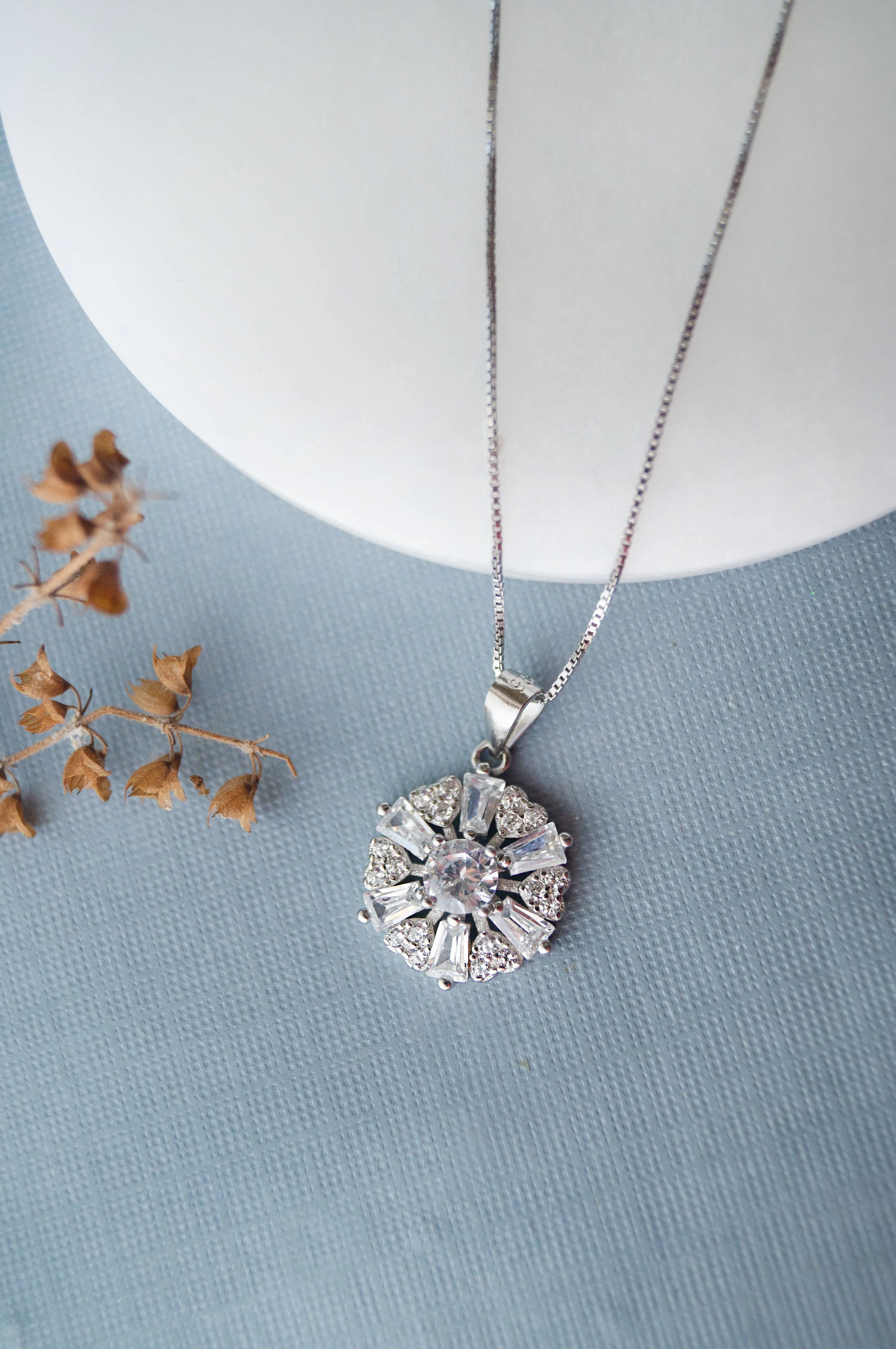 Radiant Floral Solitaire Sterling Silver Pendant Set