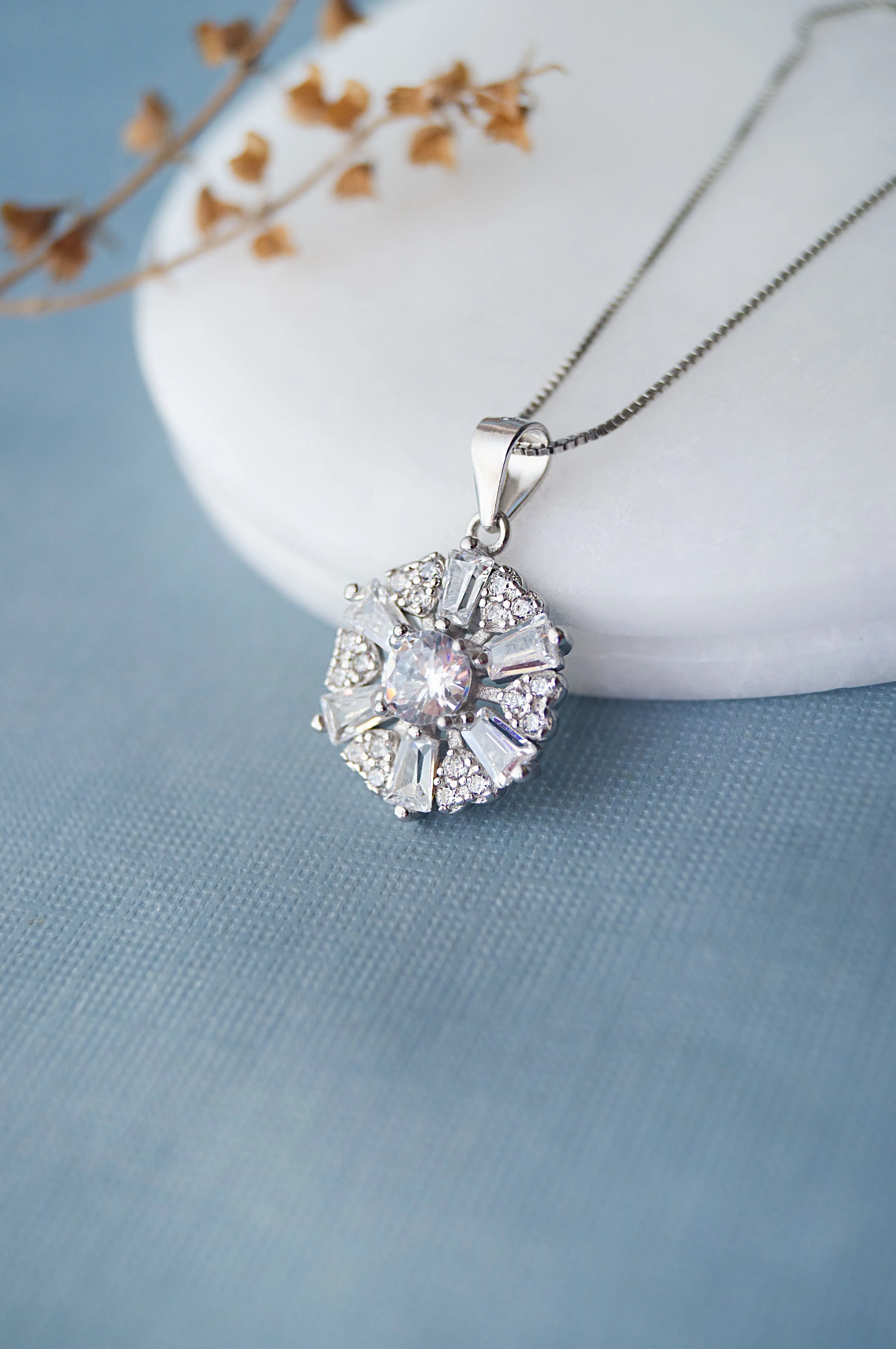 Radiant Floral Solitaire Sterling Silver Pendant Set