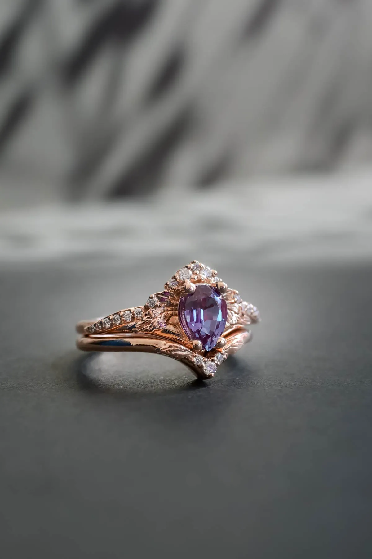 READY TO SHIP: Amelia set in 14K rose gold, pear alexandrite 7x5 mm, moissanites, RING SIZE - 5 US