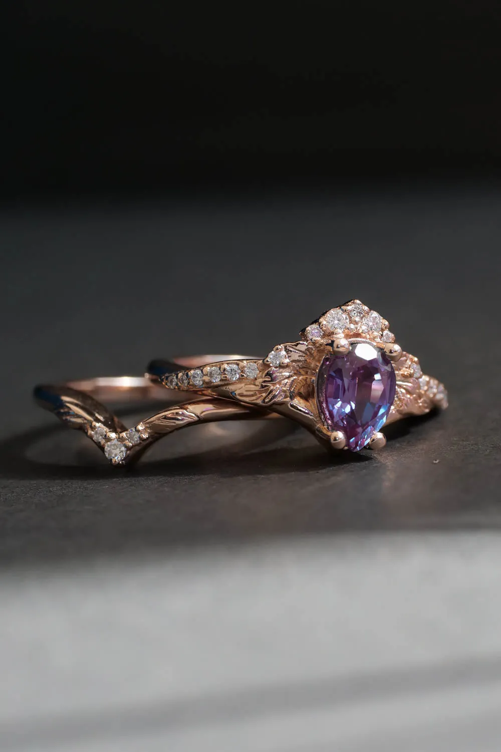 READY TO SHIP: Amelia set in 14K rose gold, pear alexandrite 7x5 mm, moissanites, RING SIZE - 5 US