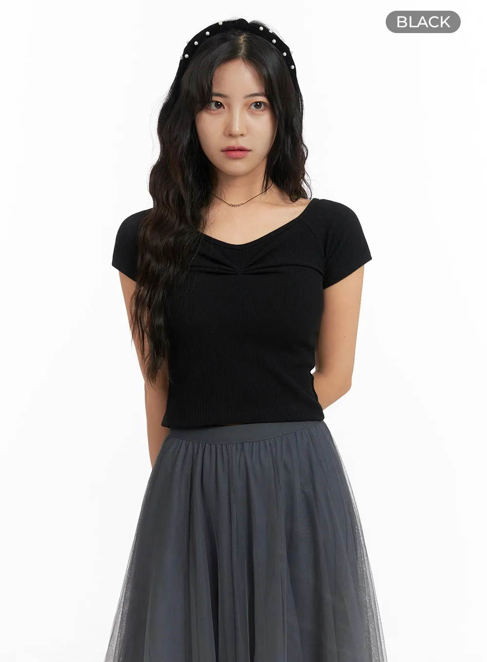 Ribbed Shirred Short Sleeve Top OM427