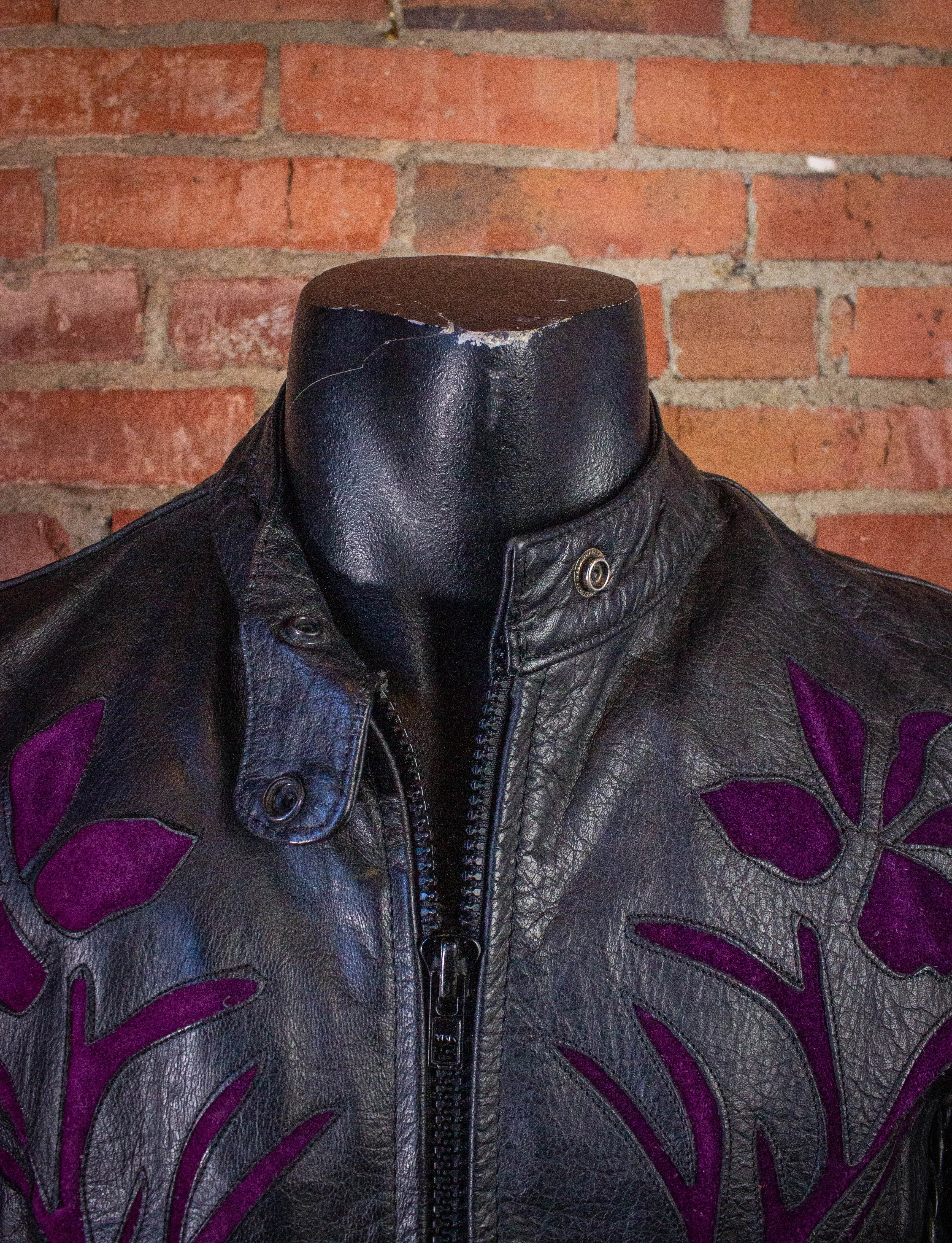 Vintage Rose Fringe Leather Jacket Black and Purple Medium