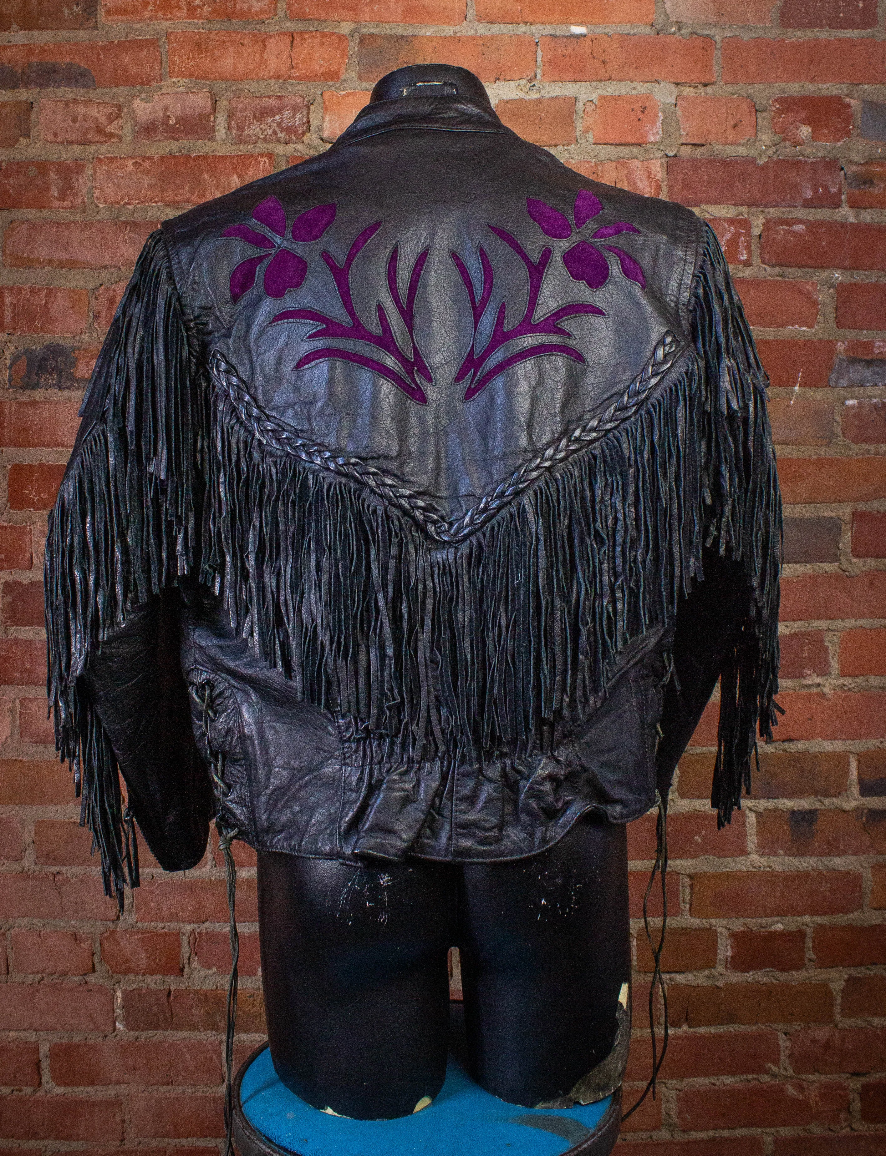 Vintage Rose Fringe Leather Jacket Black and Purple Medium