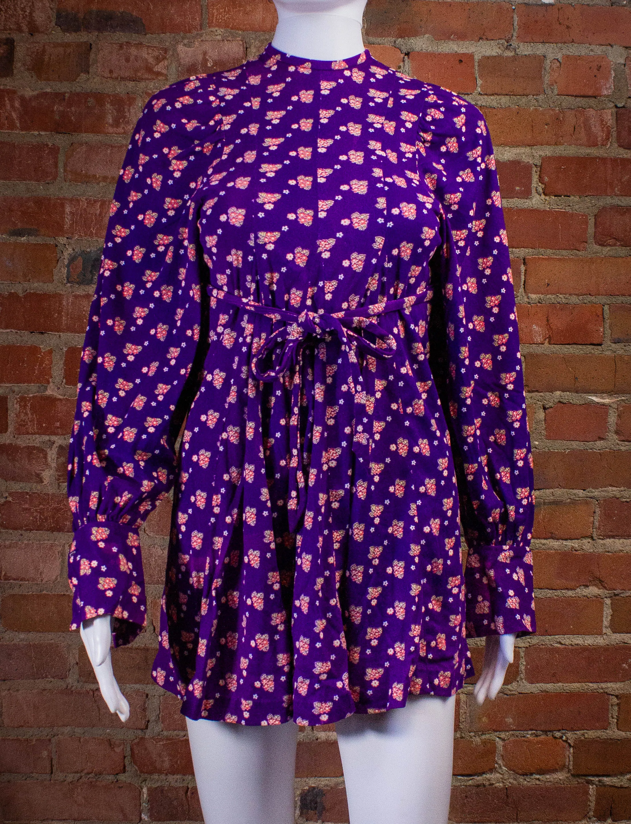 Vintage Tres Petite Flower Print Mini Dress 70s Purple XS