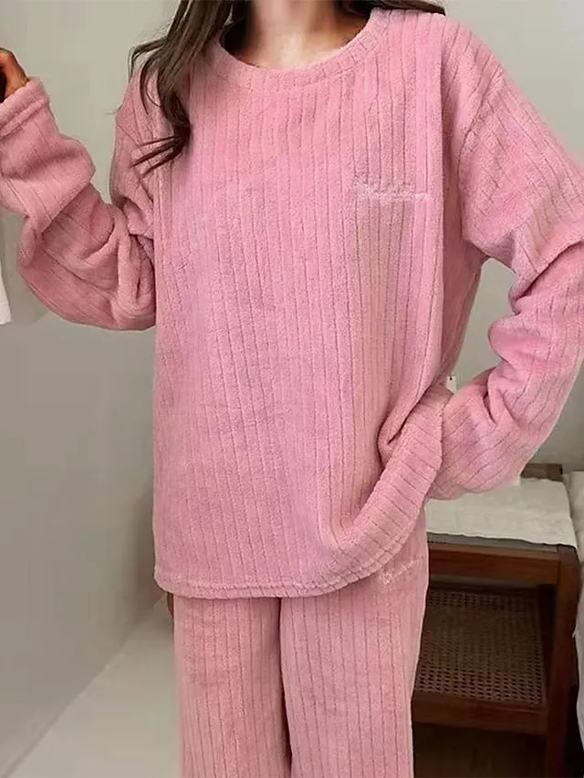 Women's Fluffy Coral Fleece Pajama Set with Letter Plush Detailing