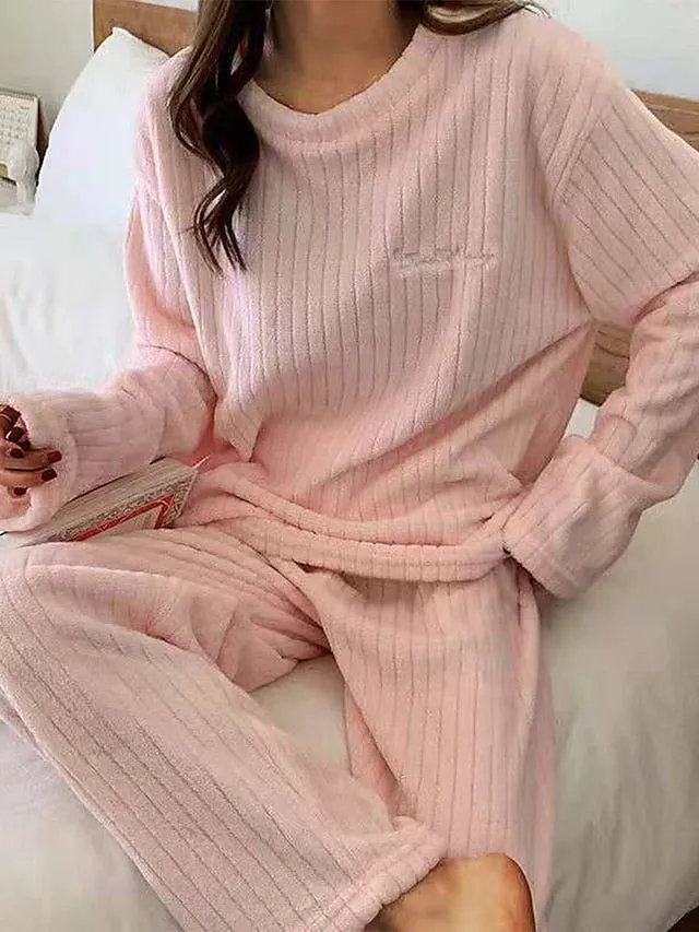 Women's Fluffy Coral Fleece Pajama Set with Letter Plush Detailing