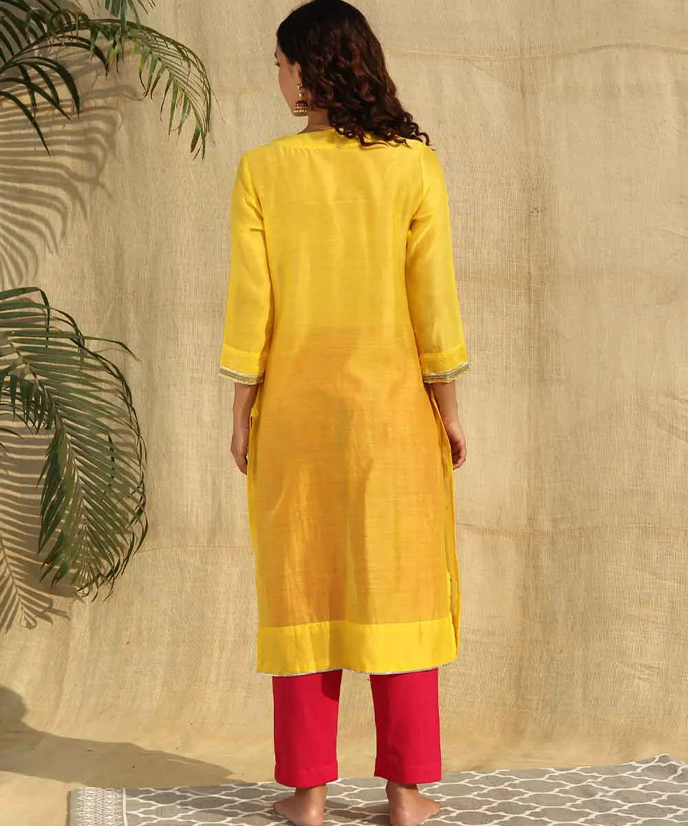 Yellow red hand embroidered chanderi silk kurta set of 3