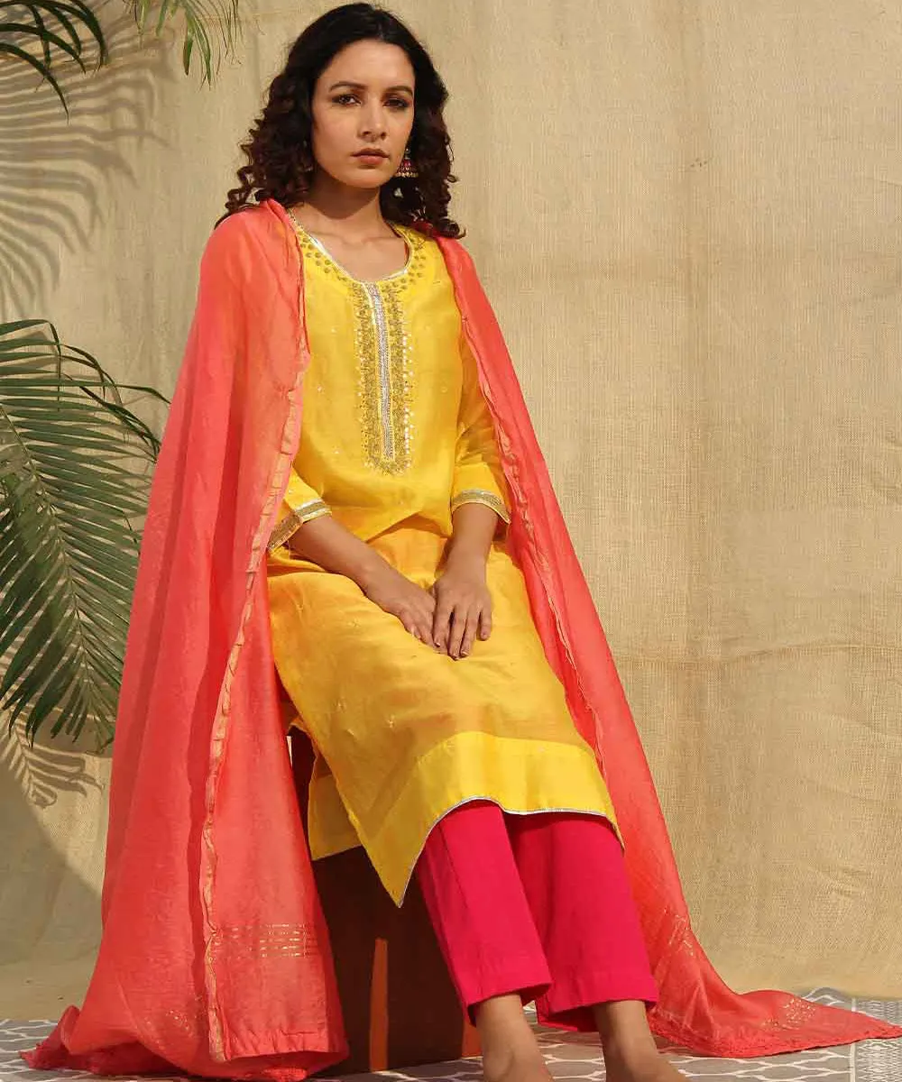 Yellow red hand embroidered chanderi silk kurta set of 3